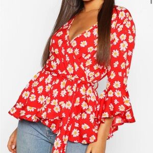 Boohoo Red Floral Peplum Top